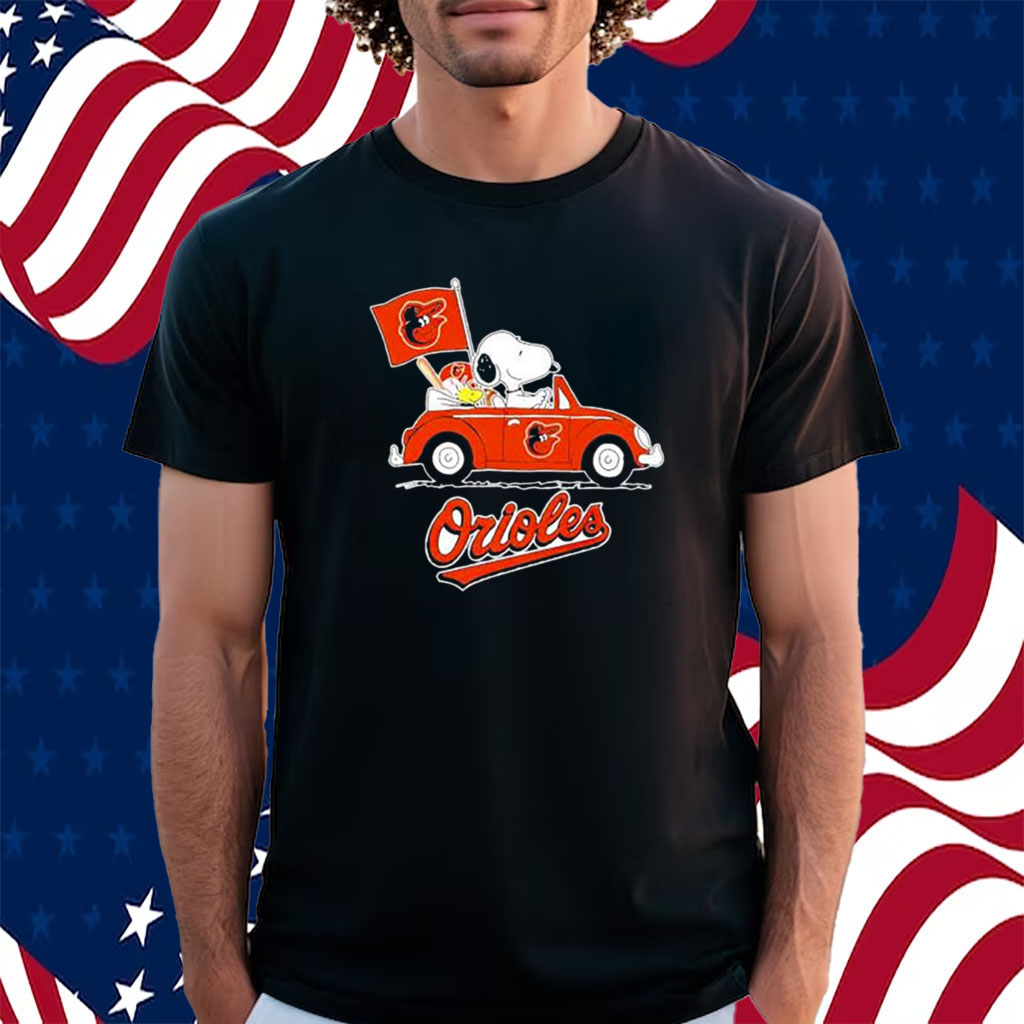 Snoopy Drives Car With Baltimore Orioles Flag T-Shirt - ShirtsOwl