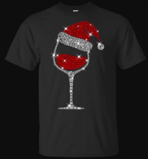 Christmas Wine Glass Red Santa Hat Diamond Glitter T-Shirt