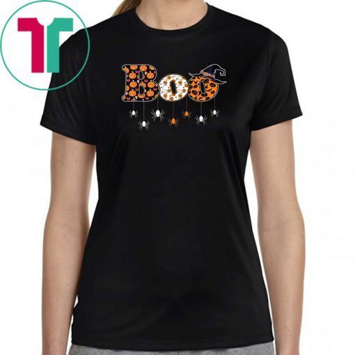 Boo Halloween T-shirt With Spiders and Witch Hat