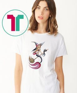 Halloween witch mermaid is riding a broom with her cat shirt