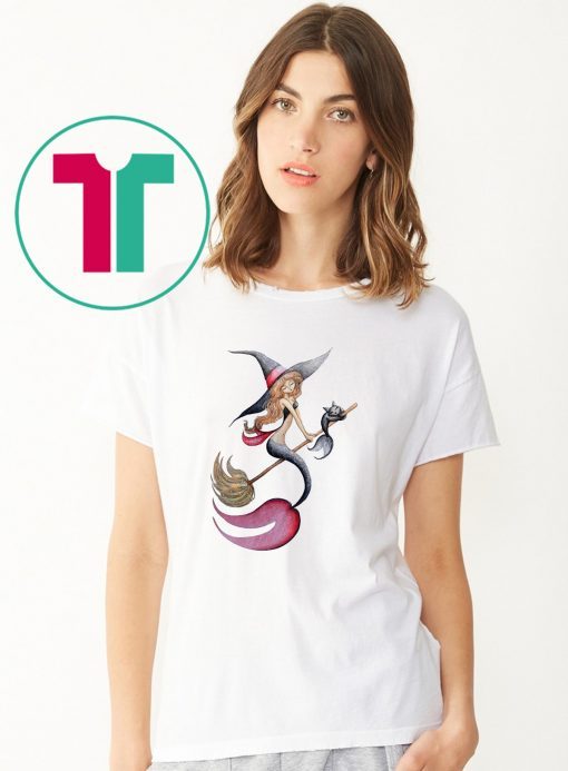 Halloween witch mermaid is riding a broom with her cat shirt