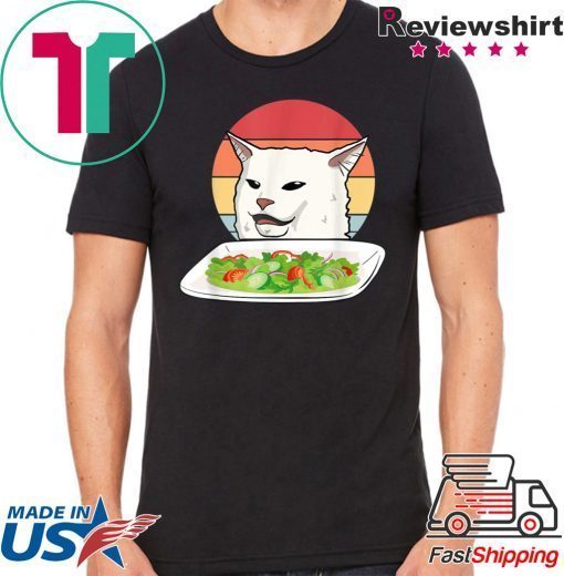 Angry women yelling at confused cat at dinner table meme Tee Shirt