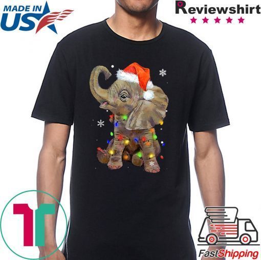 Elephant santa hat wrapped in christmas lights shirt