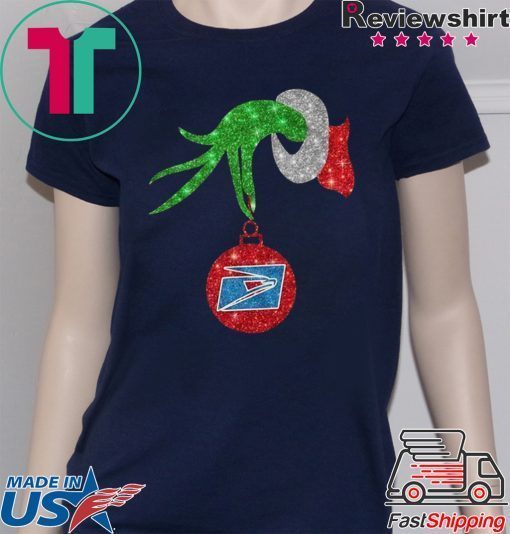 Grinch hand holding US postal service ornament shirt