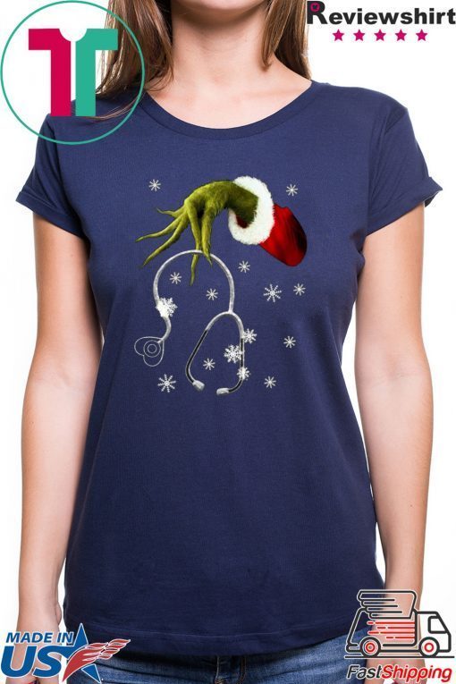 Grinch hand holding stethoscope Christmas T-Shirt