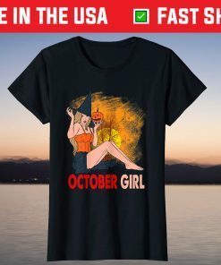 Awesome October Girl Pumpkin Witch Hat Sunset Halloween Tee Shirt