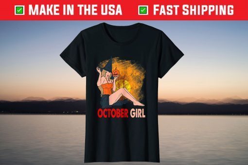 Awesome October Girl Pumpkin Witch Hat Sunset Halloween Tee Shirt