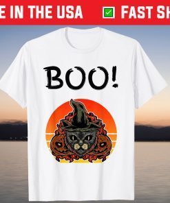 Boo Halloween Spooky Scary Black Cat Witch Hat Pumpkins Tee Shirt