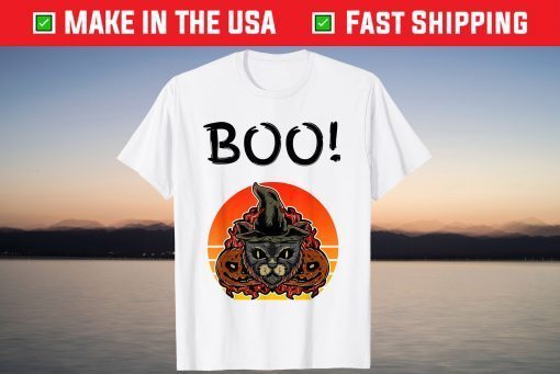 Boo Halloween Spooky Scary Black Cat Witch Hat Pumpkins Tee Shirt