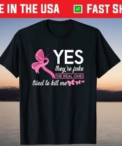 Butterfly Yes They're Fake Breast Cancer Awareness Survivor Tee Shirt