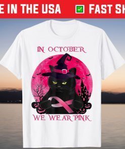 In October We Wear Pink Cat Pumpkin Breast Cancer Halloween T-Shirt
