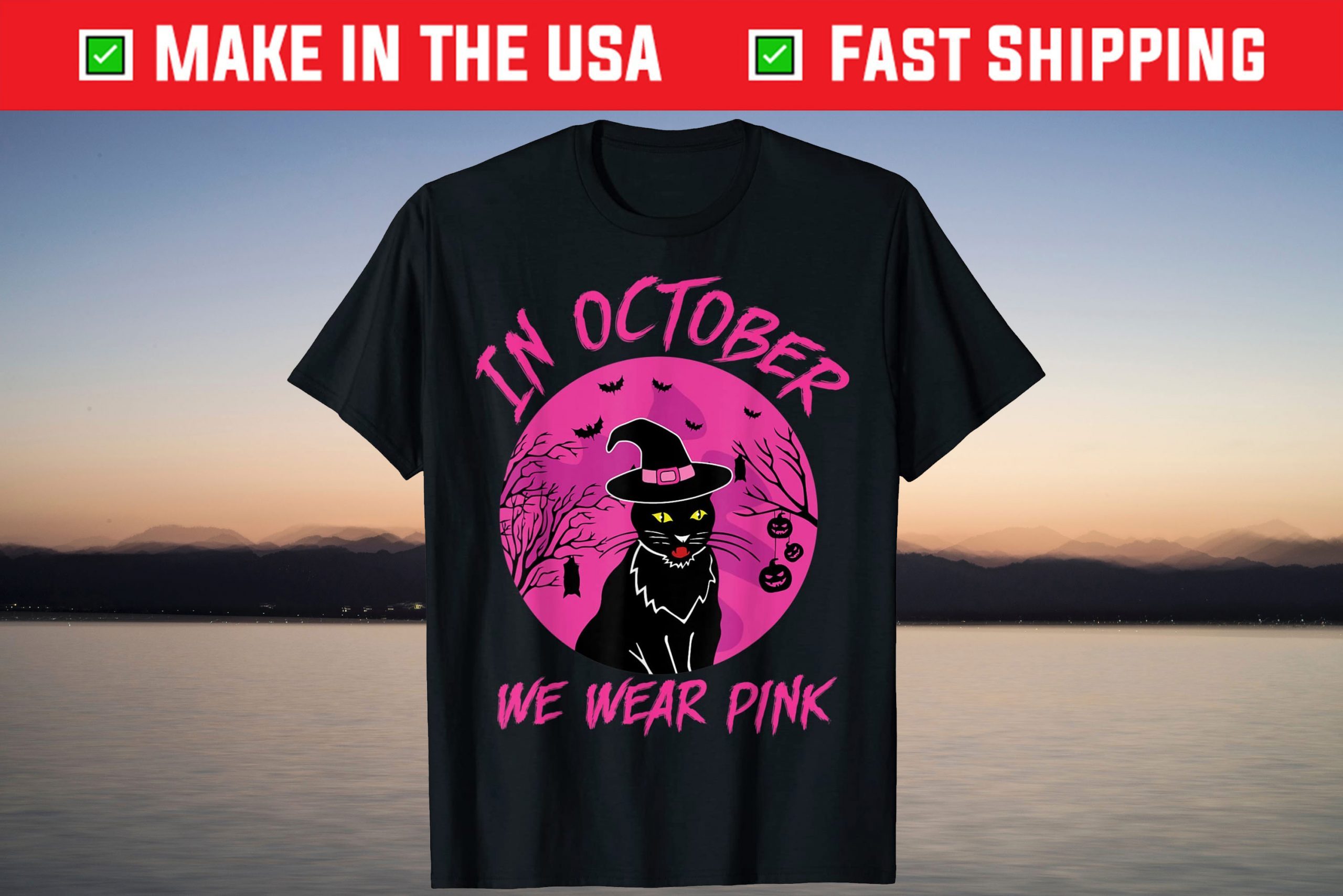 Pink Cat Witch Halloween In October We Wear Pink Awareness Tee Shirt Pink Cat Witch Halloween In October We Wear Pink Awareness Tee Shirt