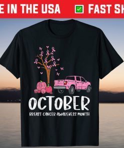 Ribbon Tree Truck October Breast Cancer Awareness Month Tee Shirt