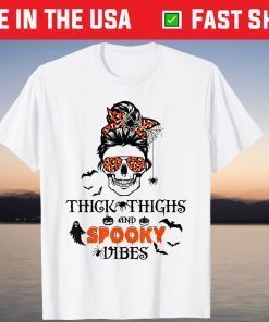 Skull Messy Bun Spooky Pumpkin October Halloween Party Tee Shirt