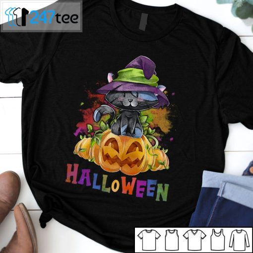 Black Cat In A Witch Hat On A Halloween Pumpkin Us 2021 Shirt