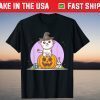 Cute Cat in Witches Hat on Pumpkin with Candy - Halloween T-ShirtCute Cat in Witches Hat on Pumpkin with Candy - Halloween T-Shirt