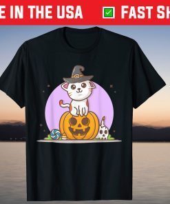 Cute Cat in Witches Hat on Pumpkin with Candy - Halloween T-ShirtCute Cat in Witches Hat on Pumpkin with Candy - Halloween T-Shirt