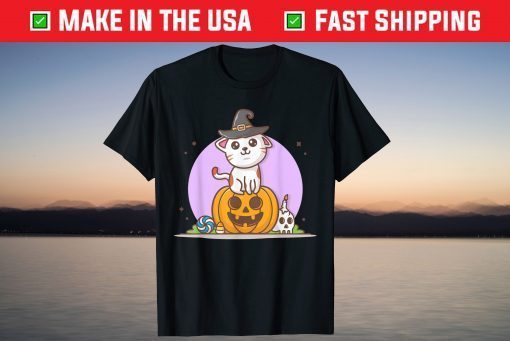 Cute Cat in Witches Hat on Pumpkin with Candy - Halloween T-ShirtCute Cat in Witches Hat on Pumpkin with Candy - Halloween T-Shirt