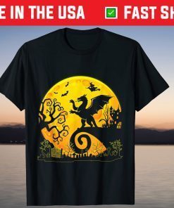 Dragon With Scary Moon Mountain Bat Ghost Witch Halloween T-Shirt