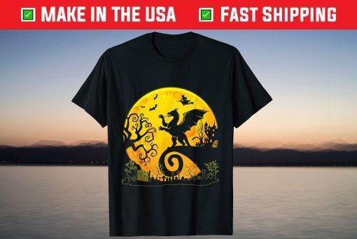 Dragon With Scary Moon Mountain Bat Ghost Witch Halloween T-Shirt