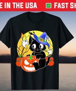 Halloween Cat Pumpkin Witch Hat Orange Costume Shirt