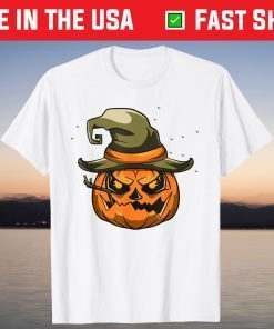 Halloween Scary Pumpkin Face Witch Hat T-Shirt