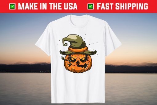 Halloween Scary Pumpkin Face Witch Hat T-Shirt