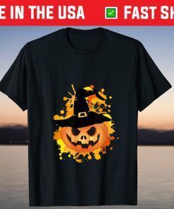 Halloween pumpkin with scary beautiful witch hat T-Shirt