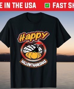 Happy Hallothanksmas Cat In Santa Hat Holiday Family T-Shirt