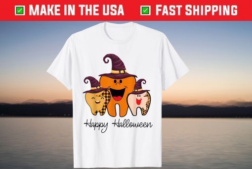 Happy Halloween Tooth Witch Leopard Fall Dentist Dental T-Shirt