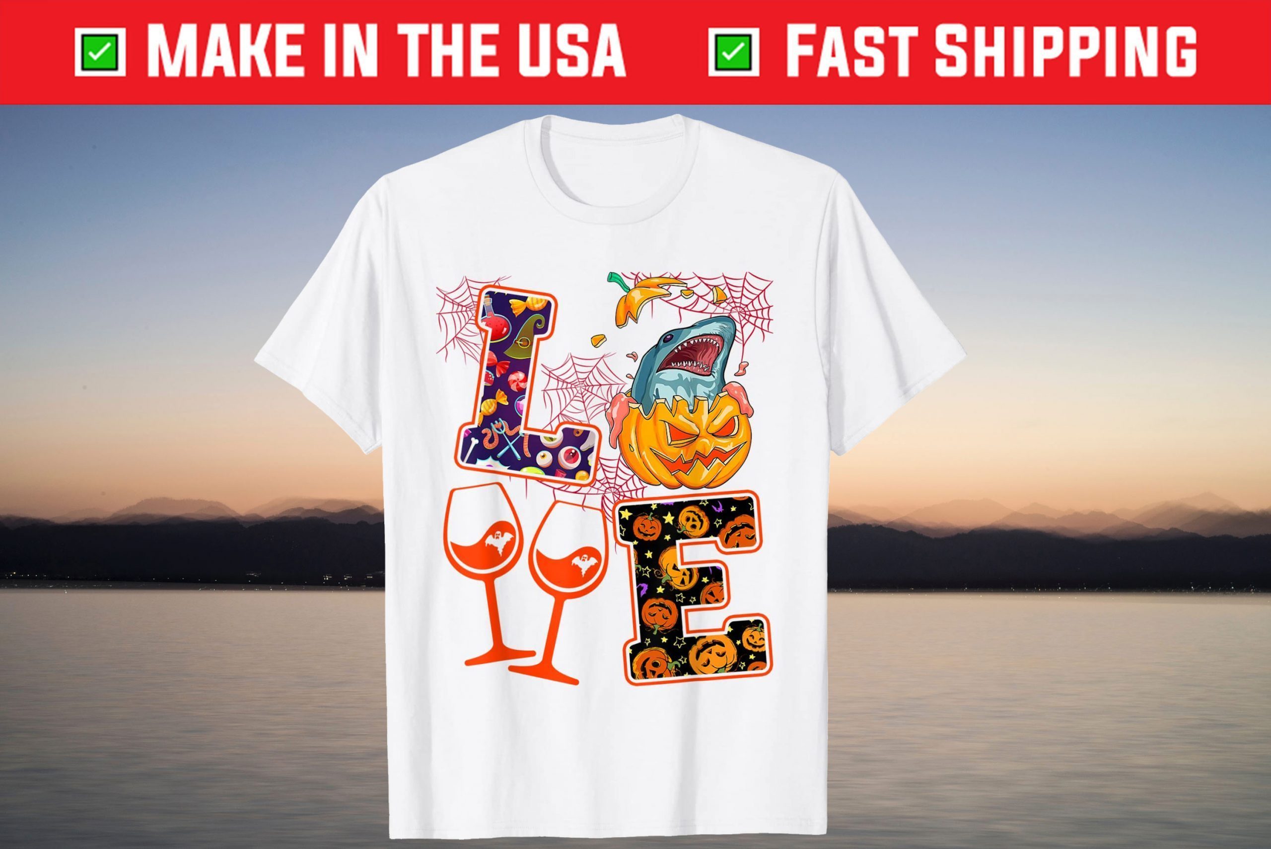 Shark Pumpkin Love Halloween Funny Wine Glass T-Shirt Shark Pumpkin Love Halloween Funny Wine Glass T-Shirt