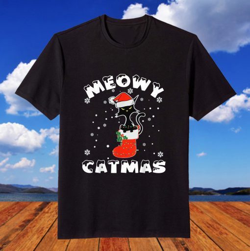 Black Cat Christmas Lights Merry Meowy Catmas 2021 T-Shirt