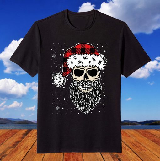 Christmas Santa Skull Red Buffalo Plaid Xmas Pajama T-Shirt