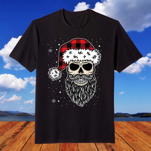 Christmas Santa Skull Red Buffalo Plaid Xmas T-Shirt