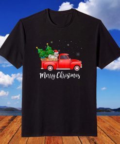 Maltese Dog Riding Red Truck Christmas T-Shirt