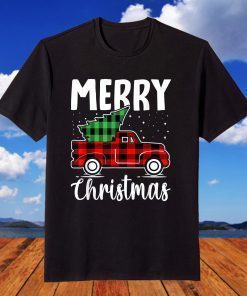 Merry Christmas Plaid Pattern Truck With Xmas Tree Lover T-Shirt