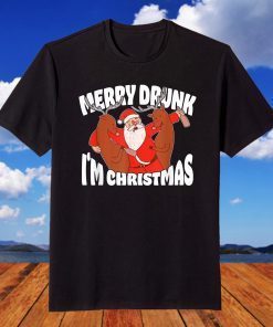 Merry Drunk I'm Christmas Drunken Santa with Reindeers T-Shirt
