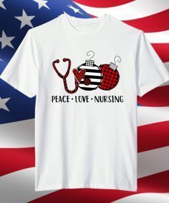 Nurse Christmas Peace Love Nursing Buffalo Plaid Bauble Xmas T-Shirt