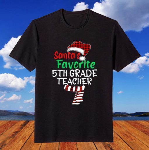 Santa's Favorite 5th Grade Teacher Xmas Santa Red Plaid T-Shirt