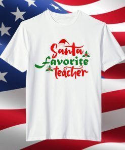 Santa's Favorite Teacher Christmas Santa Hat Lights T-Shirt