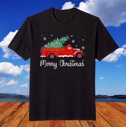 Vintage Fire Truck With Merry Christmas Light Tree Pajamas T-Shirt