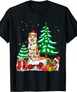 Akita Dog Wearing Christmas Hat Tree Lights 2021 T-Shirt