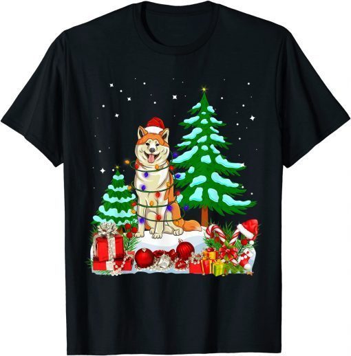 Akita Dog Wearing Christmas Hat Tree Lights 2021 T-Shirt