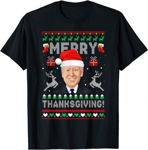 Anti Biden Merry Thanksgiving Santa Hat Ugly Christmas Unisex Shirt