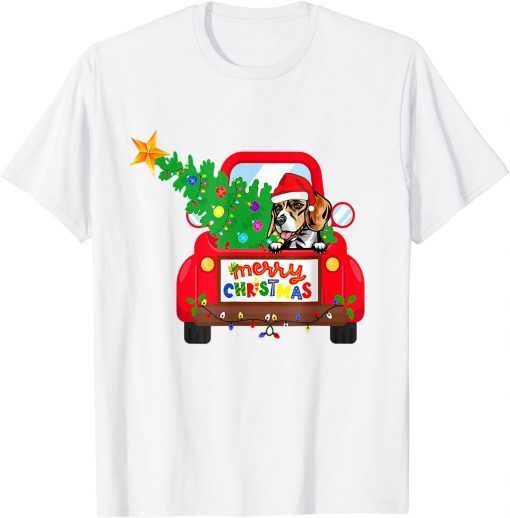 Beagle Dog Riding Red Truck Christmas Pajama Gift T-Shirt