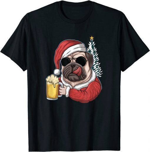 Christmas A Pitbull Dog Santa Hat And Drink Beer On Xmas Unisex Shirt