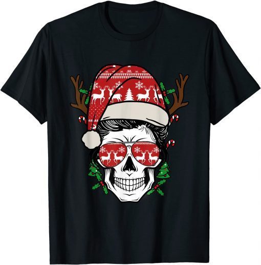 Christmas Skull Messy Bun Reindeer Santa Hat Unisex Shirt