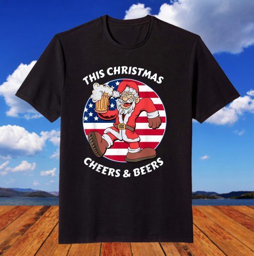 Drinking Santa Round Shaped American Flag Christmas T-Shirt