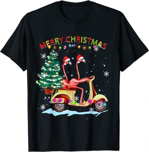 Flamingo Santa Hat Xmas Light Motobike Christmas Holiday Unisex T-Shirt