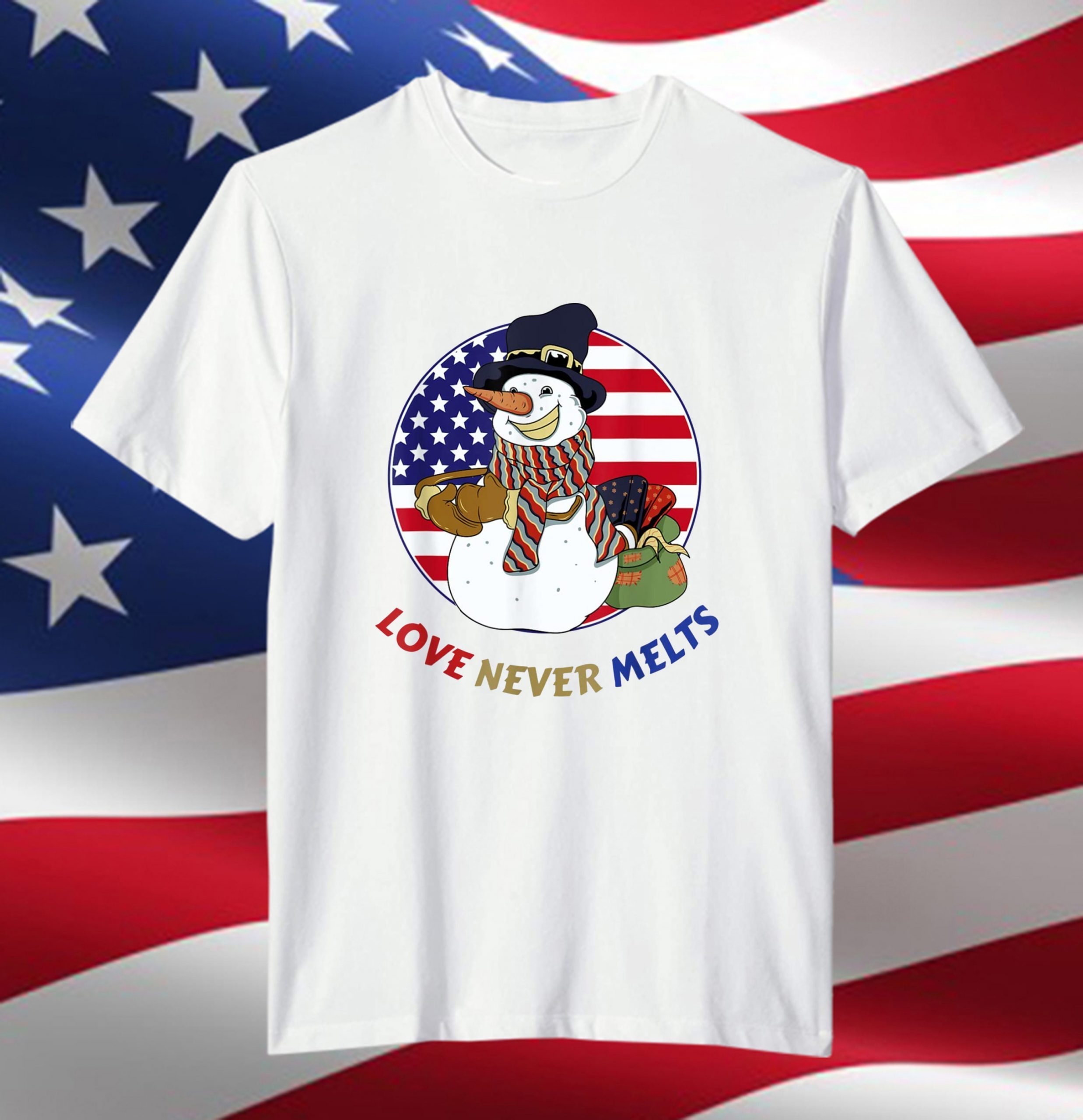 Love Never Melts Round Shaped American Flag Christmas Party T-Shirt Love Never Melts Round Shaped American Flag Christmas Party T-Shirt
